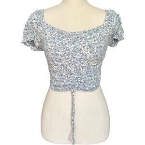 Hollister S Cinch Puff-Sleeve Crop Top Coastal Boho‎ Eyelet Blouse Floral Chic